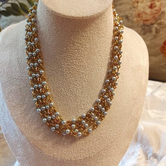 ⭐️3/$30 Vintage Grey Beaded Rosary Style Multi Strand Necklace Gold Tone Boho - Picture 1 of 9